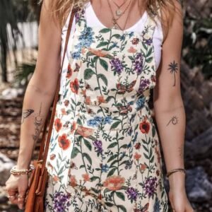 Beige Floral Print Bib Open Back Romper