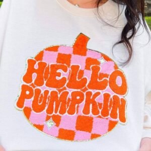 White Terry Halloween Pumpkin Patched Pattern Pullover Sweatshirt