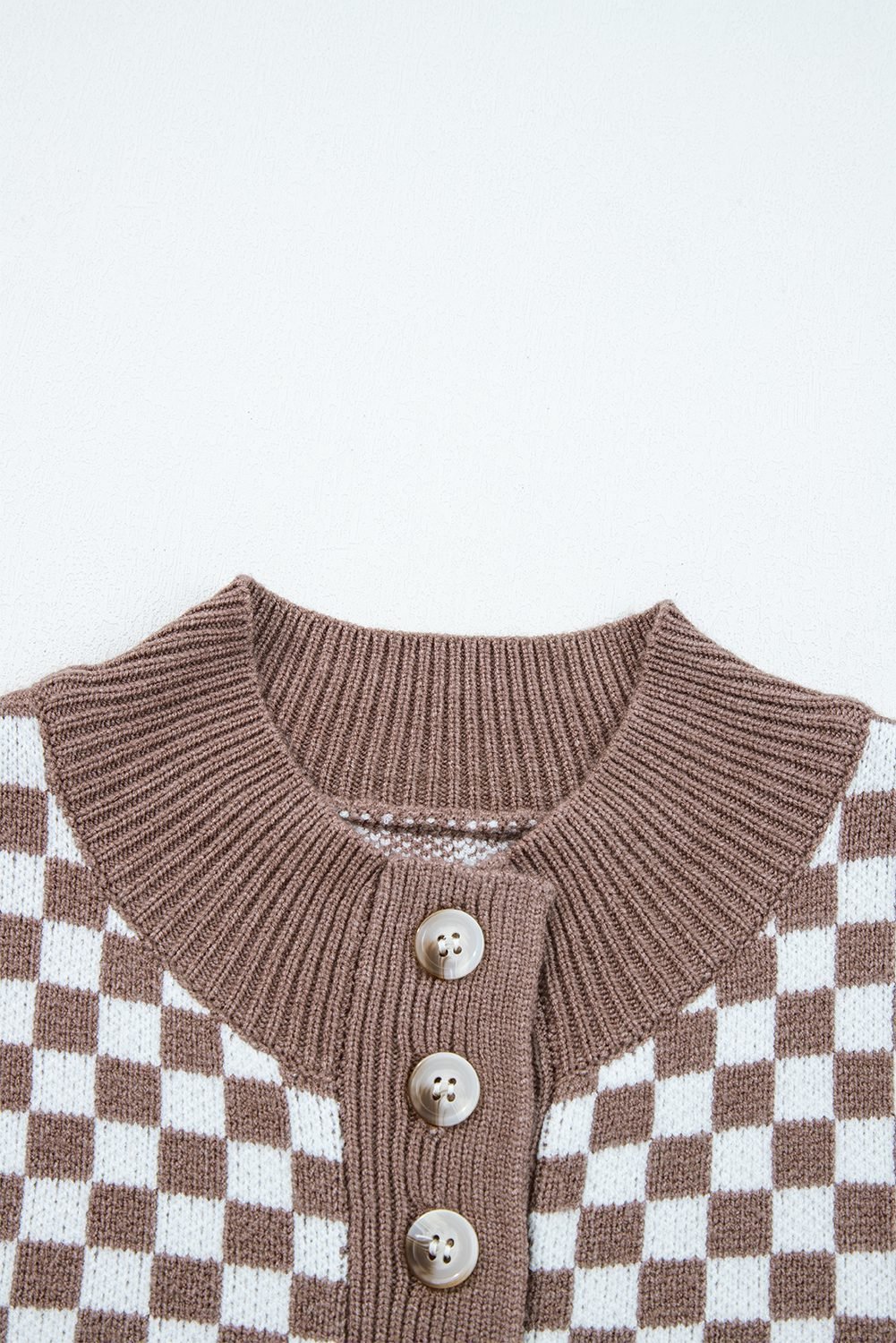 Dark Brown Half Button Ribbed Trim Checkerboard Knit Sweater