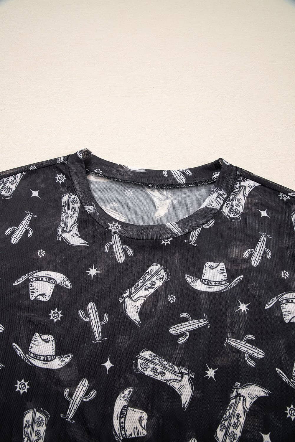Black Western Pattern Mesh Sheer Crew Neck T Shirt