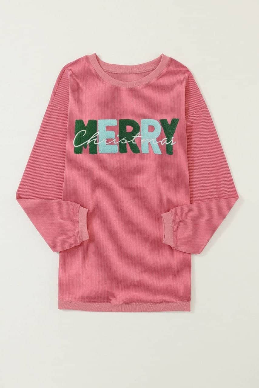 Strawberry Pink Merry Christmas Corded Pullover Sweatshirt