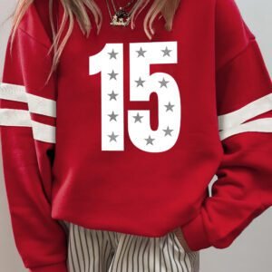 Fiery Red Starry Number 15 Printed Oversize Varsity Sweatshirt