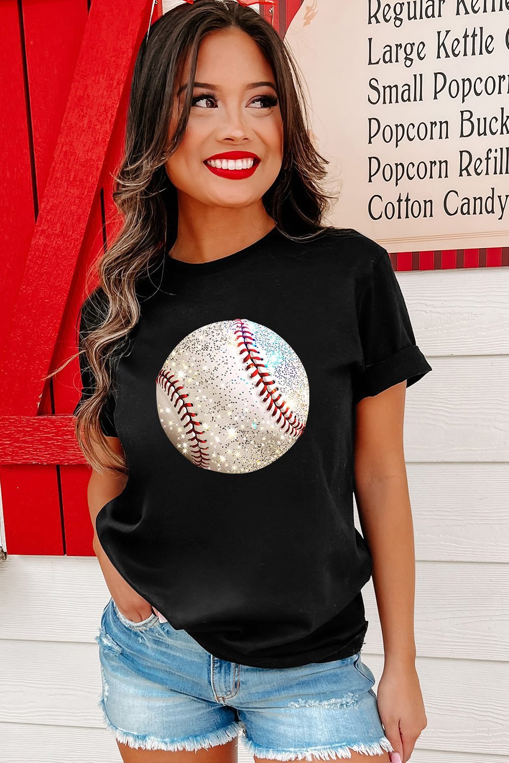 Black Heat Transfer Baseball Print Cotton Blend T Shirt