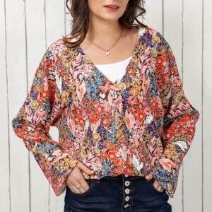 Multicolor Boho Floral Long Sleeve V-Neck Blouse