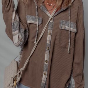 Brown Plaid Patchwork Button Down Drawstring Hooded Shacket