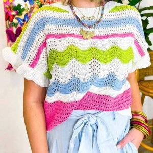 White Colorblock Crochet Knit Ruffled Short Sleeve Sweater Top