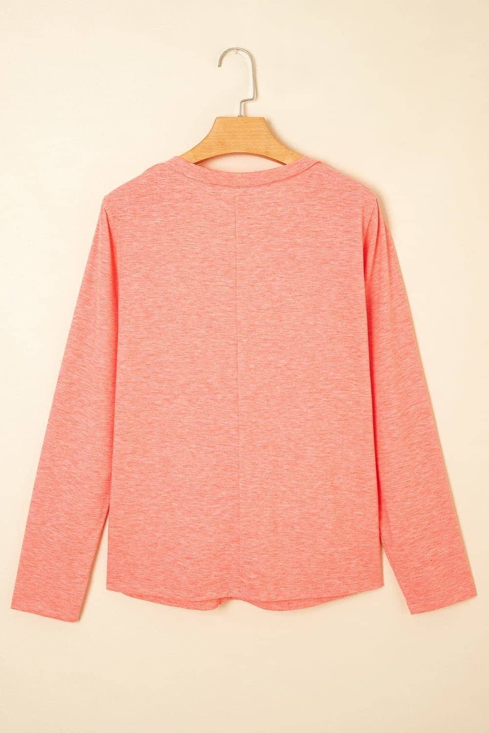 Fresh Salmon Floral Patchwork V Neck Long Sleeve T Shirt