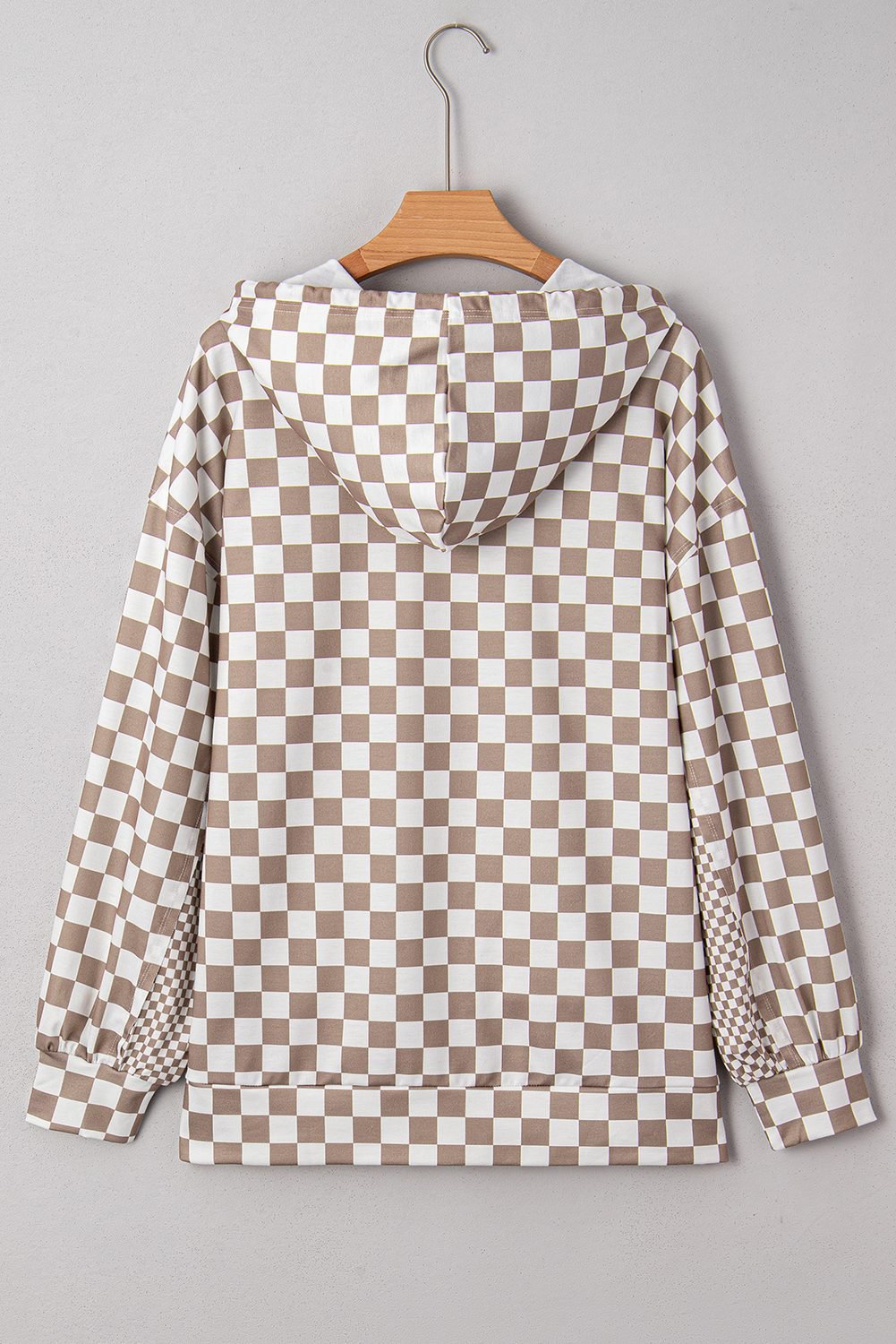 Khaki Double Checkered Patchwork Tie Neck Oversize Hoodie
