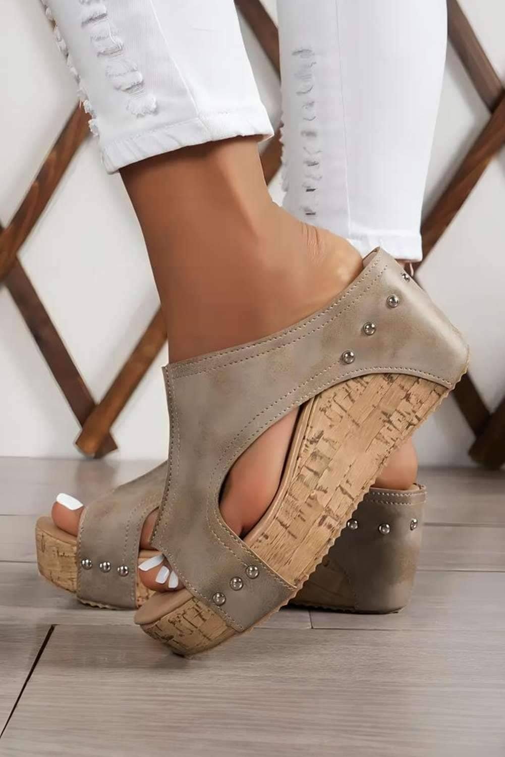 Gray Hollow Out Studded Pu Leather Wedge Slippers