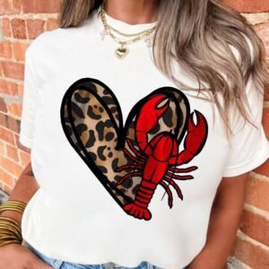 White Crawfish Leopard Heart Print Crewneck Tee