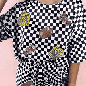 Black Sequined Crawfish Checkered Half Sleeve Top And Shorts Lounge Set