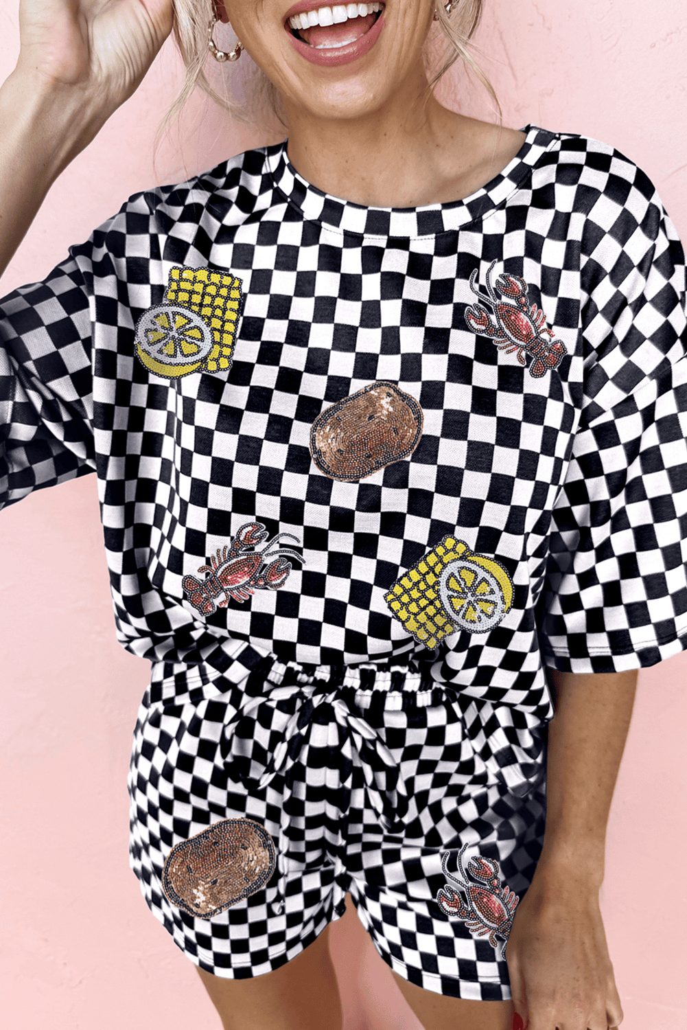 Black Sequined Crawfish Checkered Half Sleeve Top And Shorts Lounge Set