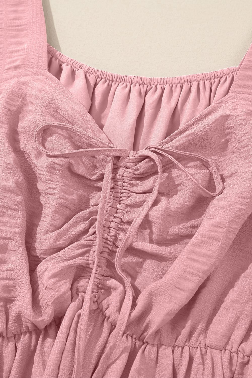 Pink Lace-Up Ruched Front Long Sleeve Ruffle Hem Plus Size Midi Dress