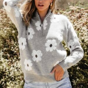 Gray Floral Pattern Half Zip Drop Shoulder Sweater