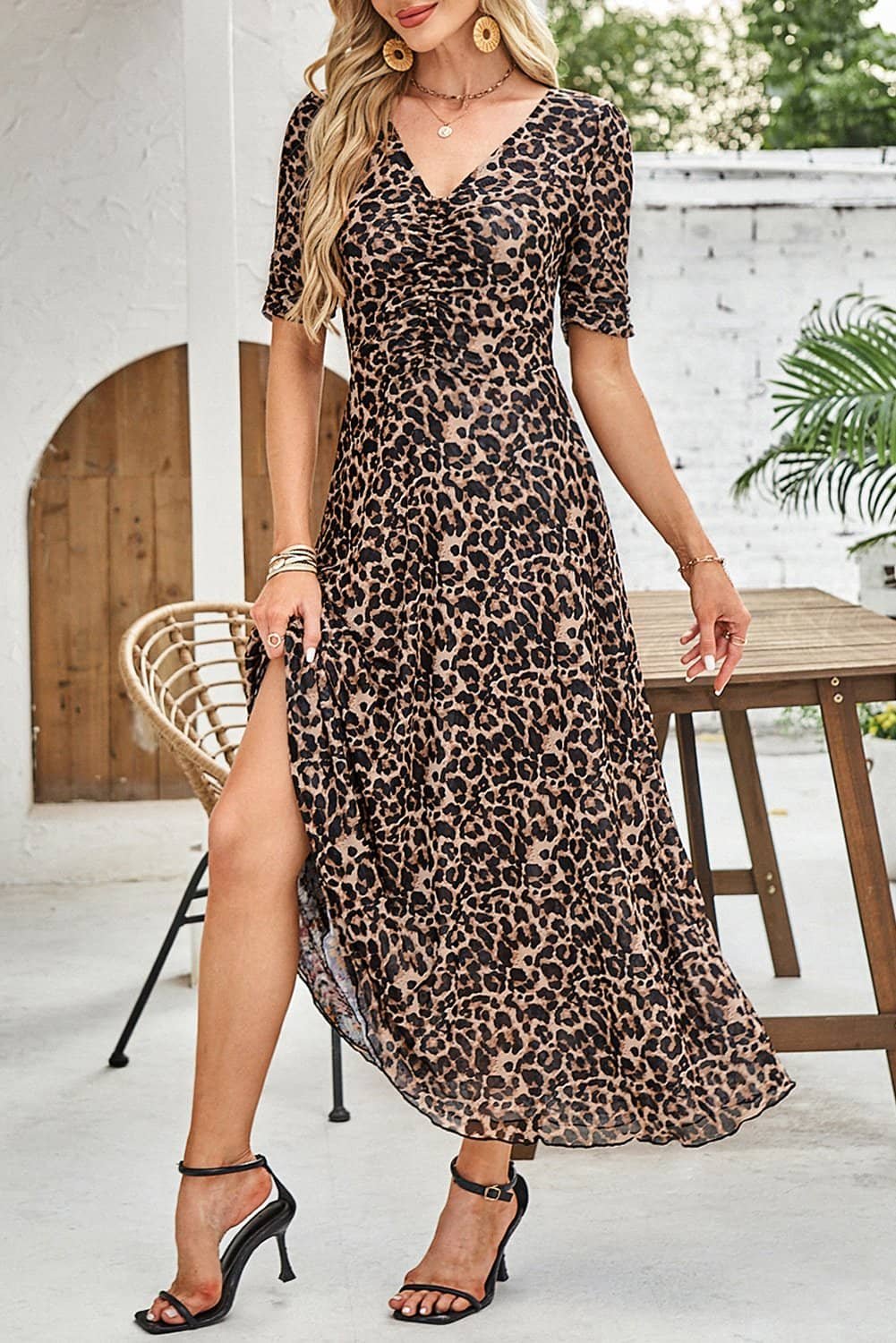 Brown Mesh Leopard Floral Reversible V Neck Short Sleeve Dress
