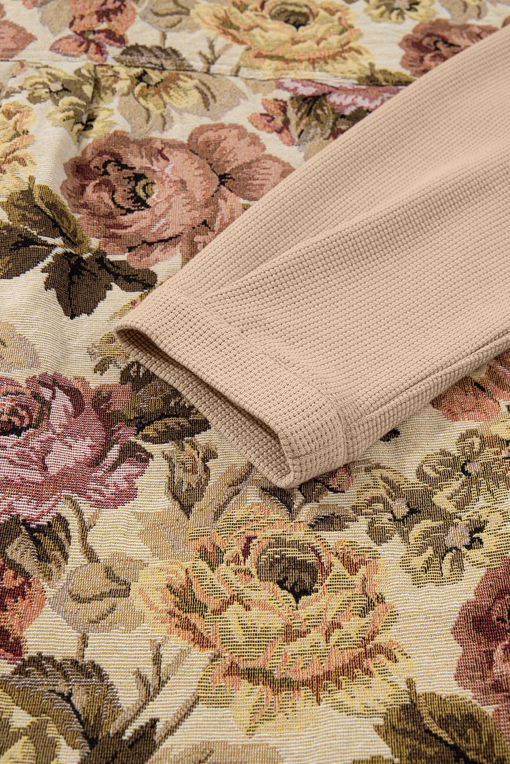 Khaki Floral Waffle Knit Patchwork Chest Pockets Buttoned Jacket