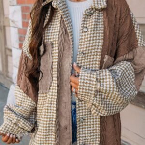 Khaki Houndstooth Color Contrast Textured Patchwork Loose Shacket