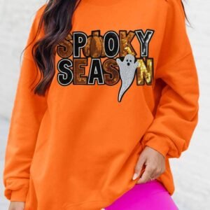 Russet Orange Sequin Spooky Season Ghost Pattern Halloween Pullover Sweatshirt