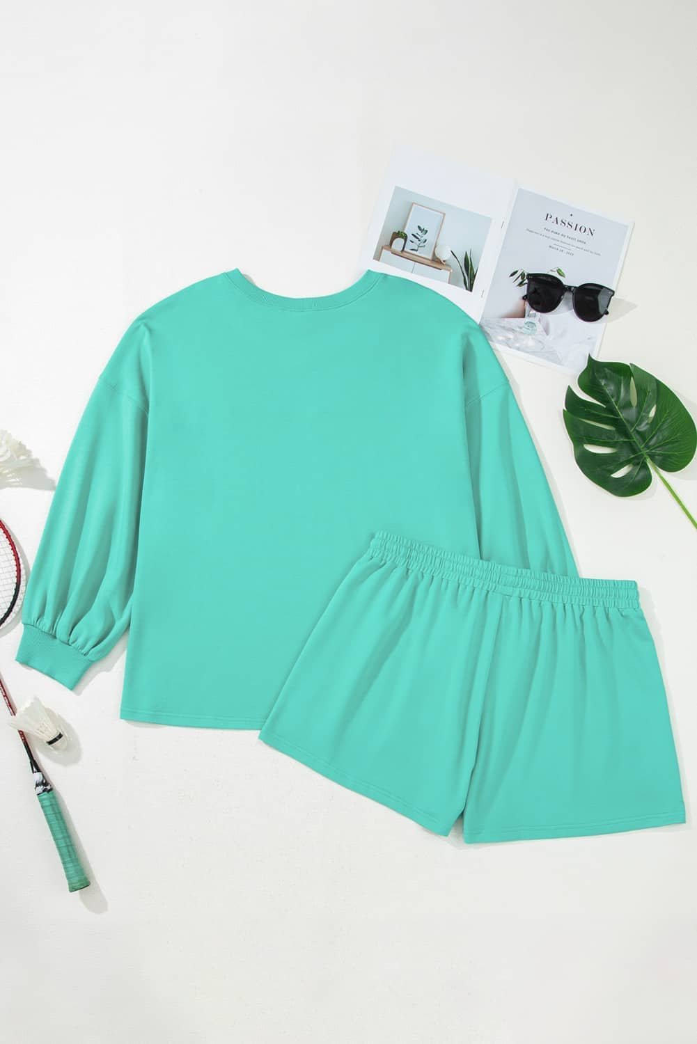 Sea Green Drop Shoulder V Neck Pullover Top And Drawstring Short Plus Size Set