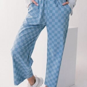 Sky Blue Checkered Elastic High Waist Loose Casual Pants