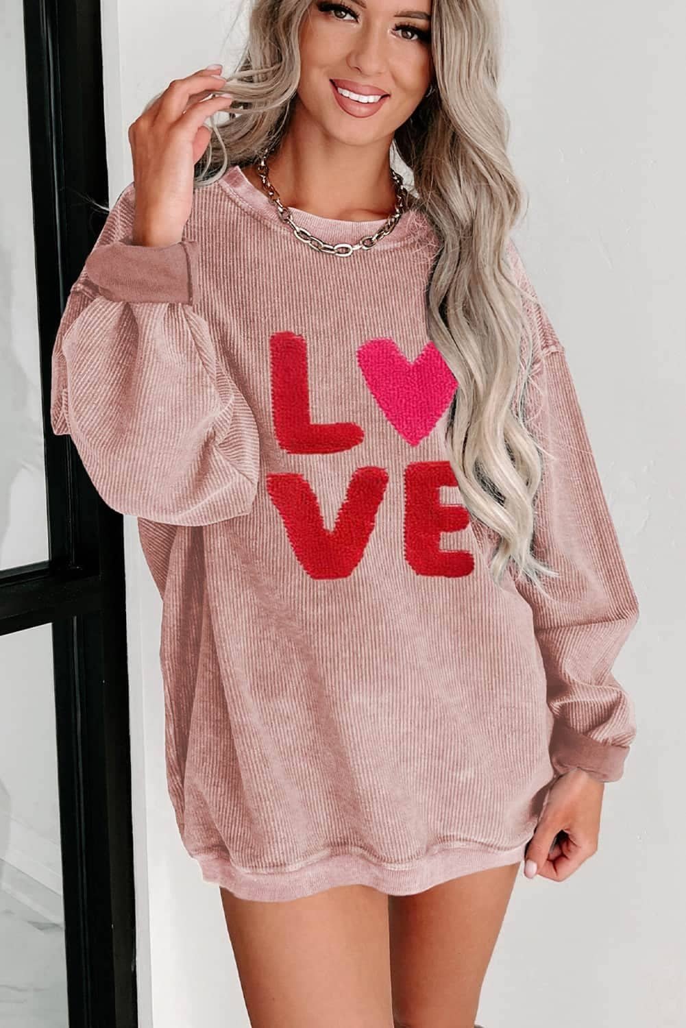 Pink Valentines Love Chenille Embroidered Corded Sweatshirt