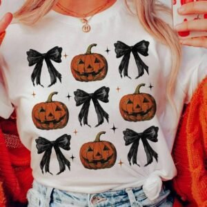 White Halloween Pumpkin Face Bowknot Graphic T Shirt