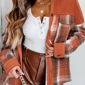 Khaki Colorblock Plaid Pattern Flap Pockets Buttoned Shacket