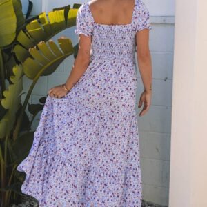 Purple Floral Short Bubble Sleeve Shirred High Waist Maxi Dress