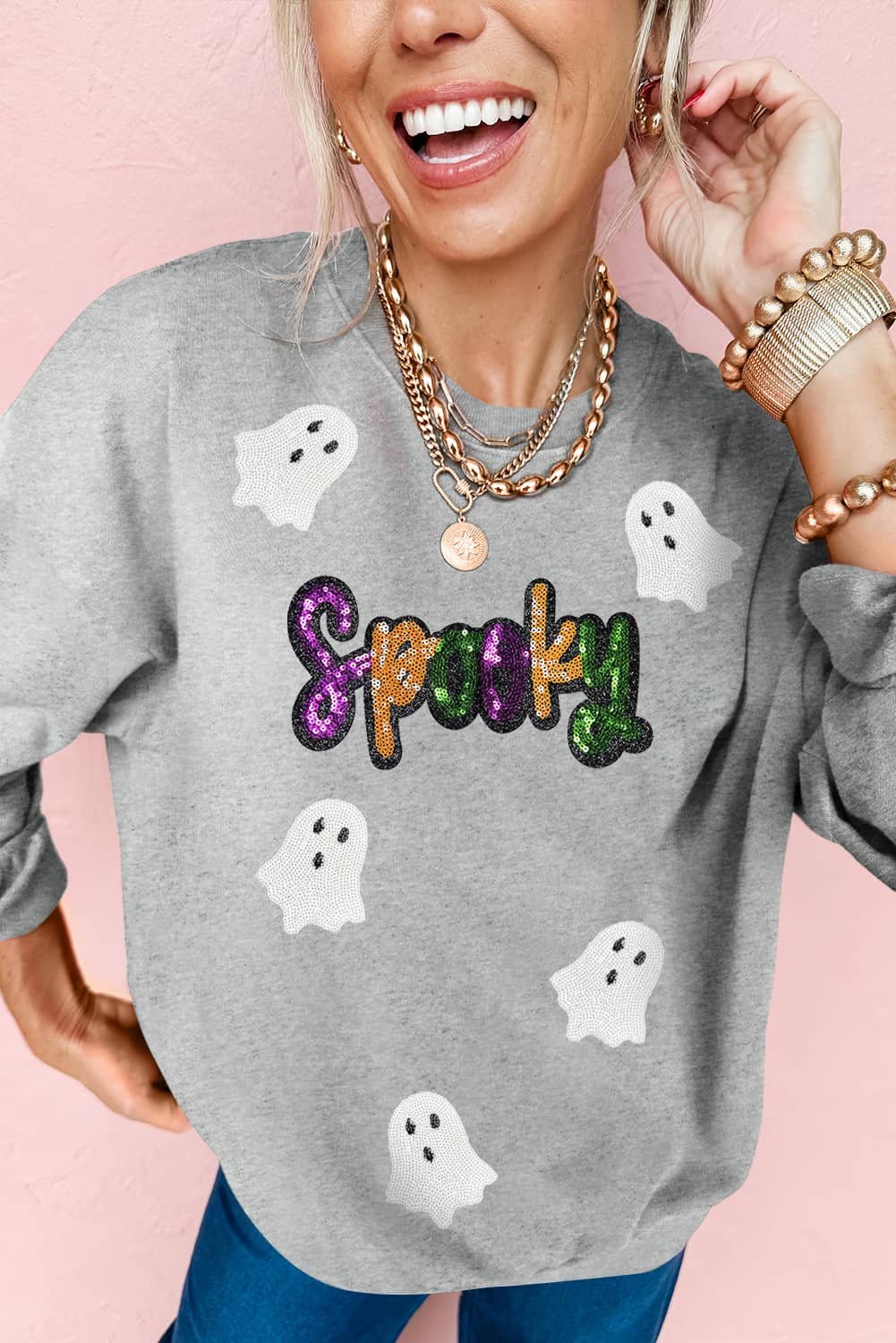 Gray Spooky Halloween Ghost Sequin Patched Sweatshirt
