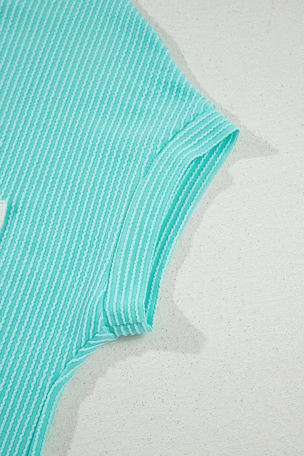 Light Blue Corded Knit Color Block Pocketed Crew Neck T Shirt