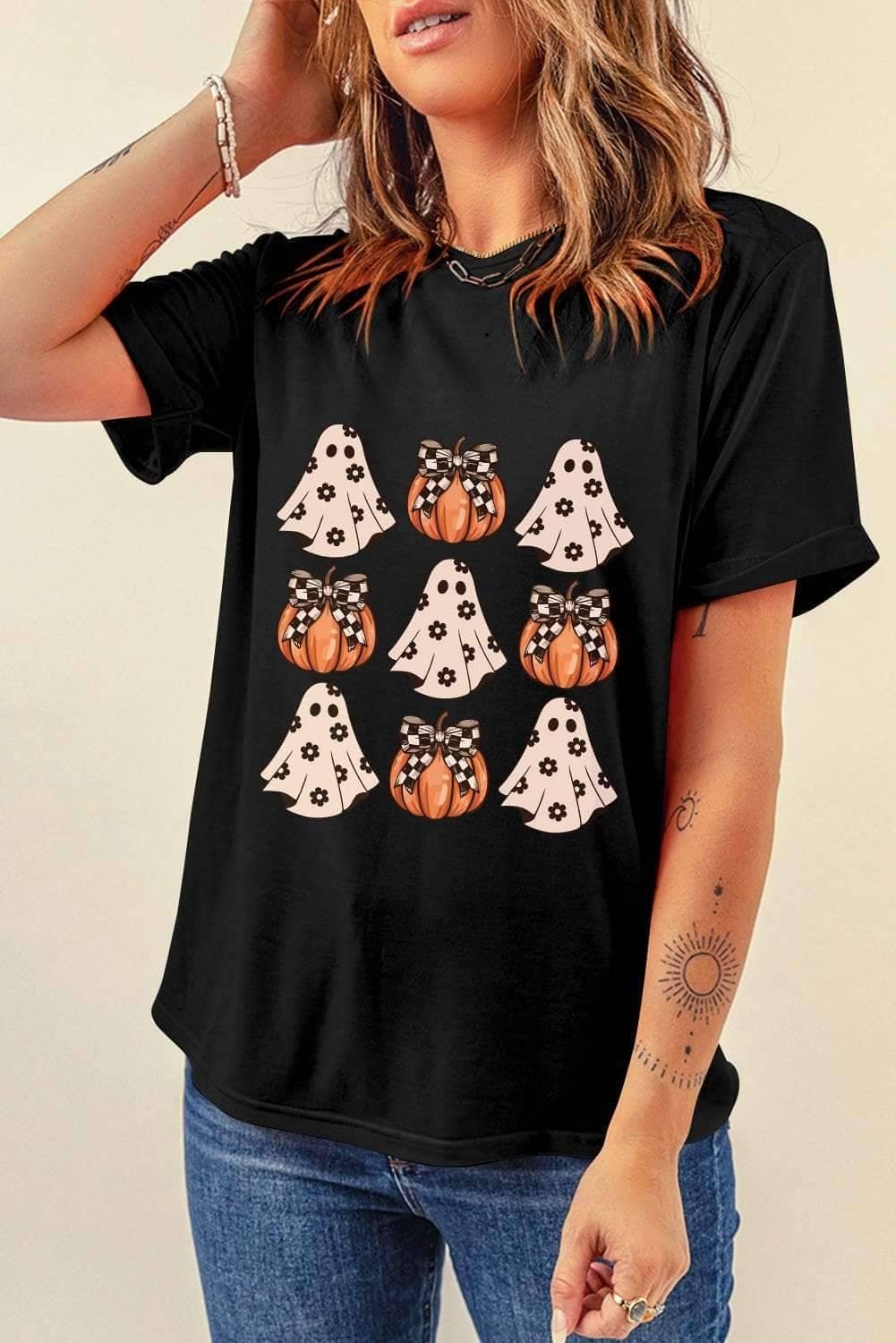 Black Halloween Ghost Pumpkin Print Crew Neck T Shirt