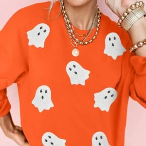 Orange Sequin Halloween Ghost Patched Drop Shoulder Sweatshirt