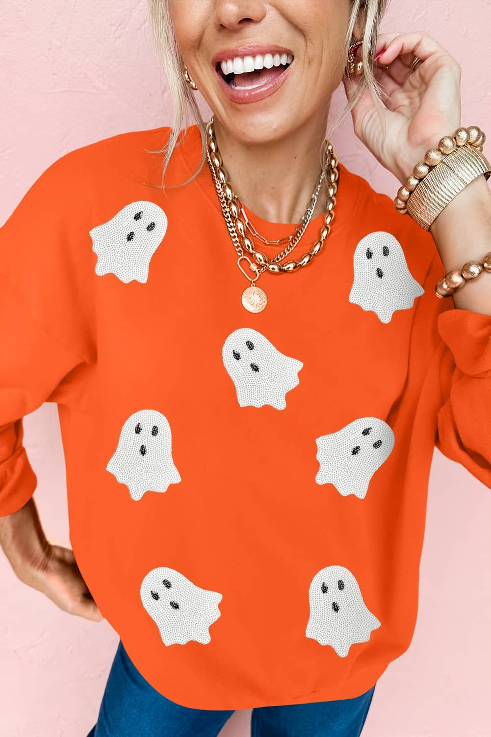 Orange Sequin Halloween Ghost Patched Drop Shoulder Sweatshirt