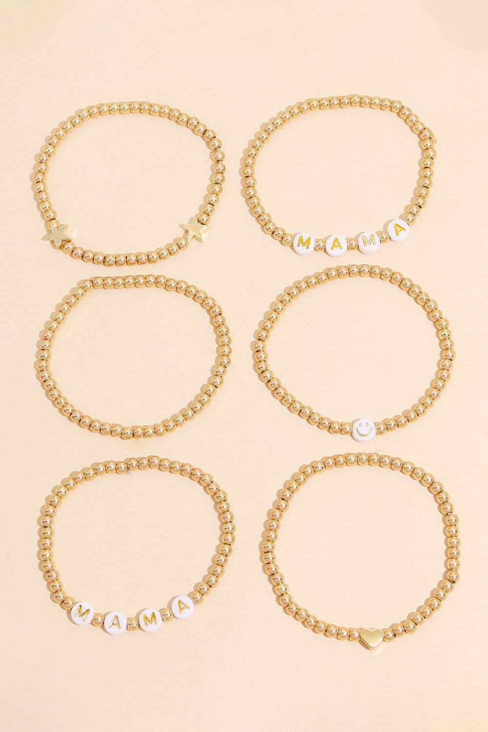 Gold 6Pcs Mama Heart Star Shape Beaded Bracelet Set