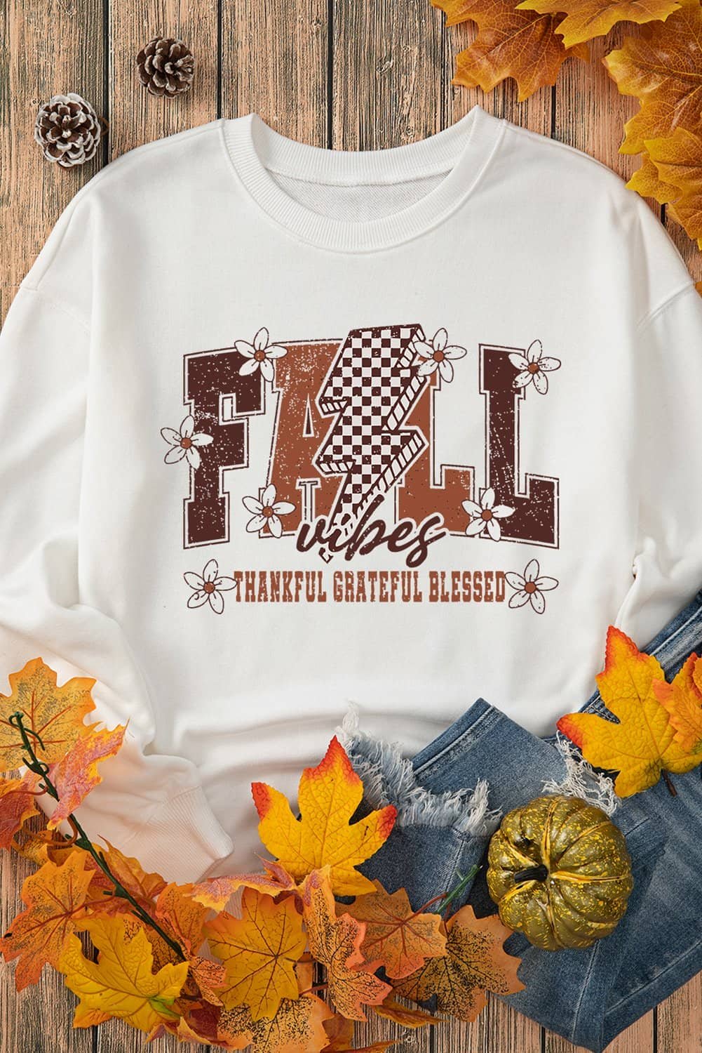 White Fall Thankful Graphic Drop Shoulder Sweatshirt