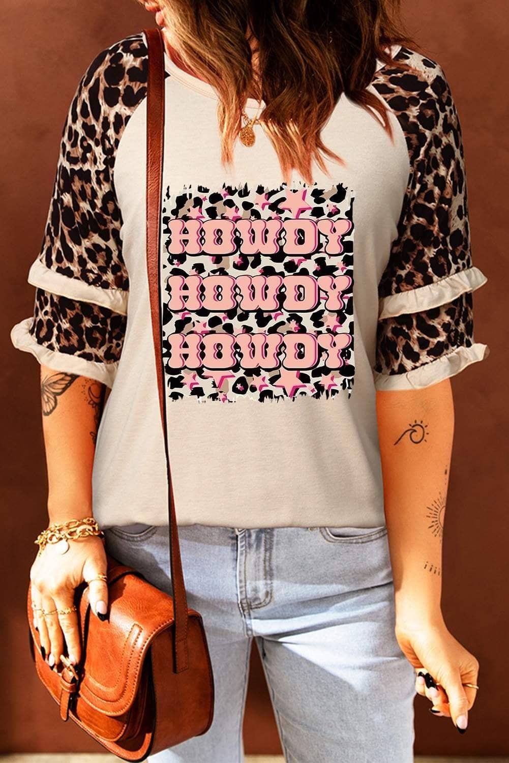 Apricot Howdy Leopard Print Tiered Ruffled 3/4 Sleeve Tee