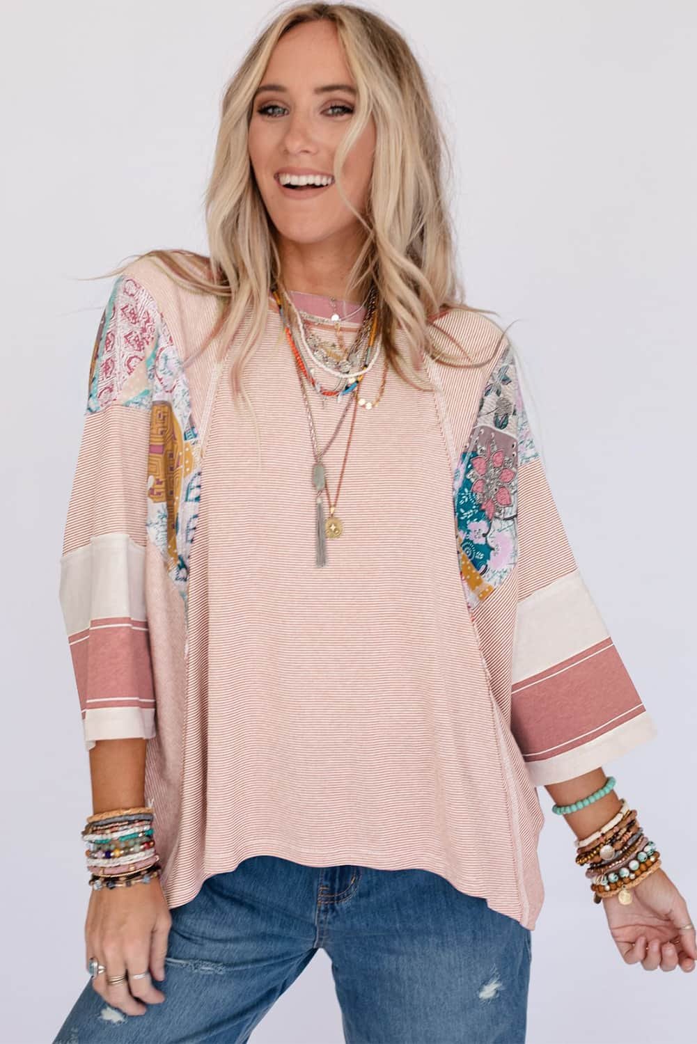 Pink Printed Pinstriped Color Block Patchwork Oversized Top