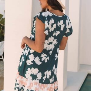 Green Floral Print Ruffle Sleeve Empire Waist Mini Dress