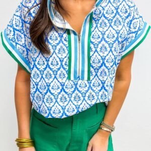 Sky Blue Western Print Zipped Collar Short Sleeve Summer Blouse Top