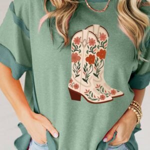 Smoke Green Floral Boots Printed Raw Seam Mix Texture Patchwork Tee