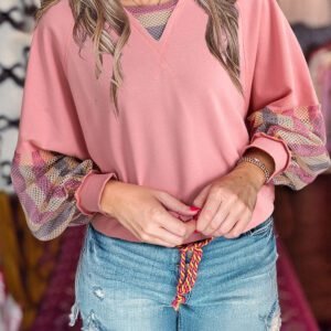 Blossom Striped Mesh Sleeve Patchwork Exposed Seam Casual Pullover Top