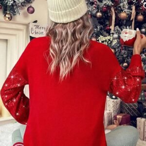 Racing Red Merry Graphic Sequin Sleeves Christmas Turtleneck Sweater