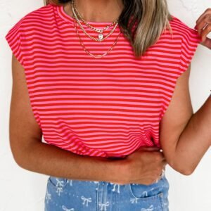 Red Stripe Ribbed Cap Sleeve Round Neck T Shirt