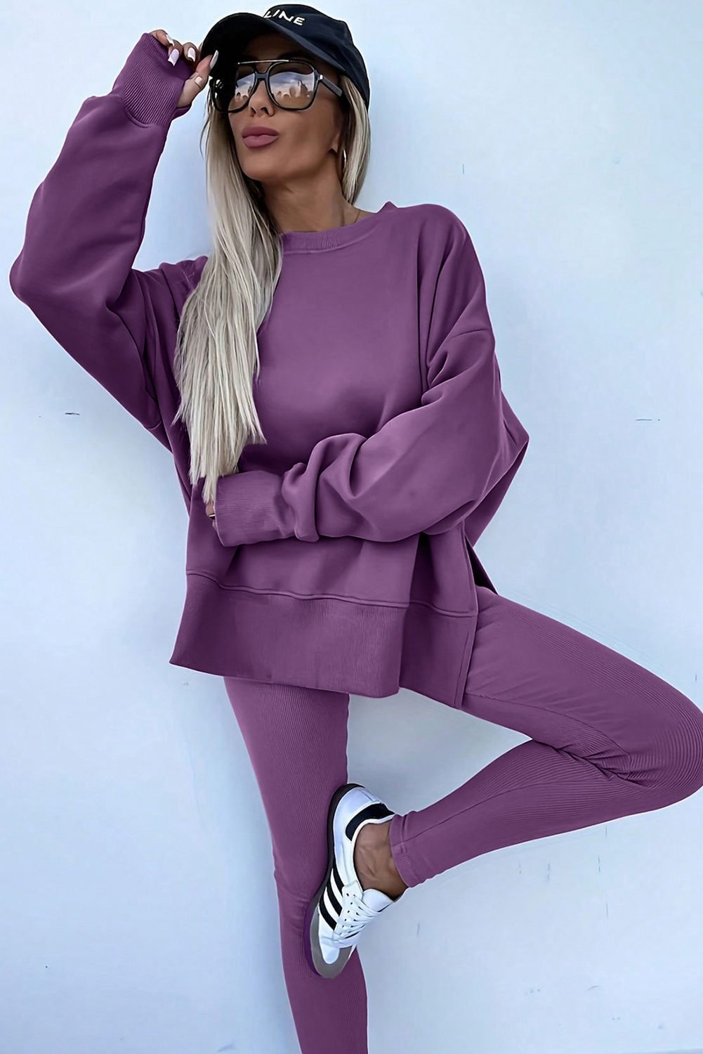 Orchid Mist Solid Color Oversize Slit Sweatshirt Ribbed Leggings 2Pcs Set