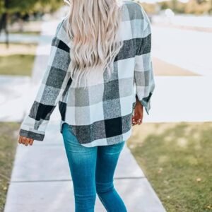 Gray Plaid Color Block Buttoned Long Sleeve Jacket With Pocket