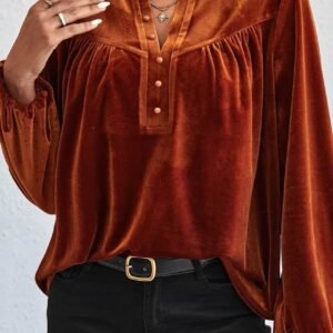Gold Flame Lantern Sleeve Beaded Split V Neck Velvet Top