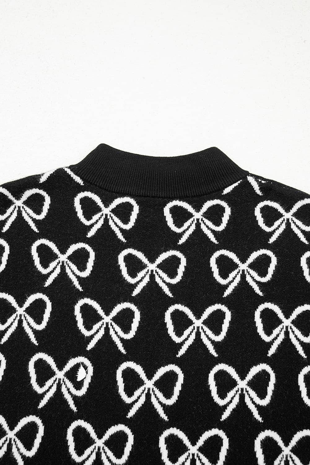 Black Cute Bow Pattern Drop Shoulder Zipped Collar Sweater