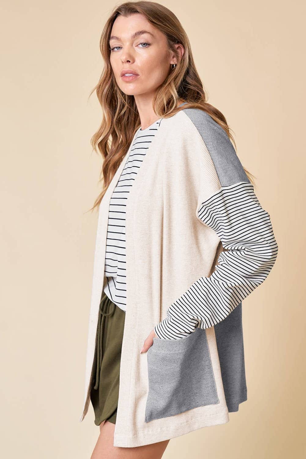 Black Stripe Colorblock Patchwork Open Front Cardigan With Pocket