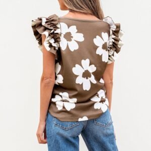 Brown Floral Textured Ruffled Short Sleeve Square Neck Blouse