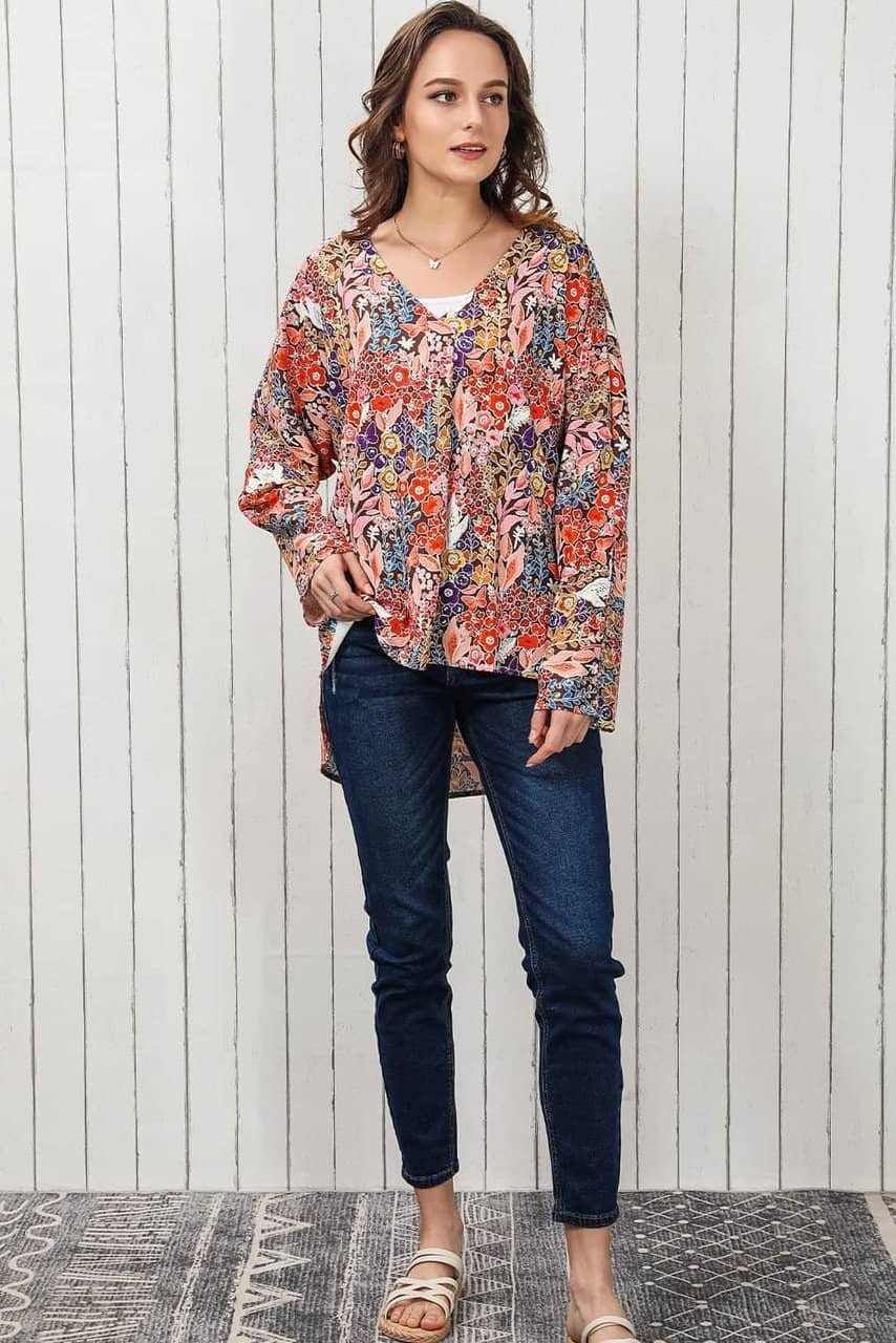 Multicolor Boho Floral Long Sleeve V-Neck Blouse